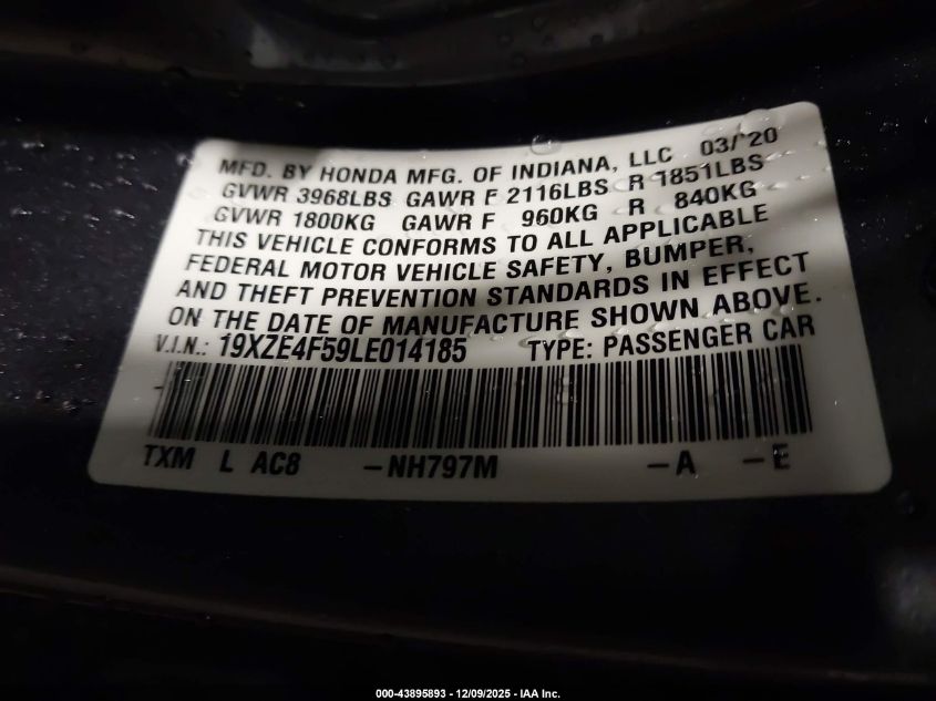 2020 Honda Insight Ex VIN: 19XZE4F59LE014185 Lot: 43895893