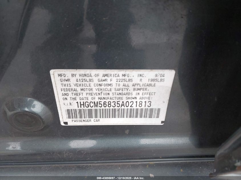2005 Honda Accord 2.4 Ex VIN: 1HGCM56835A021813 Lot: 43895897