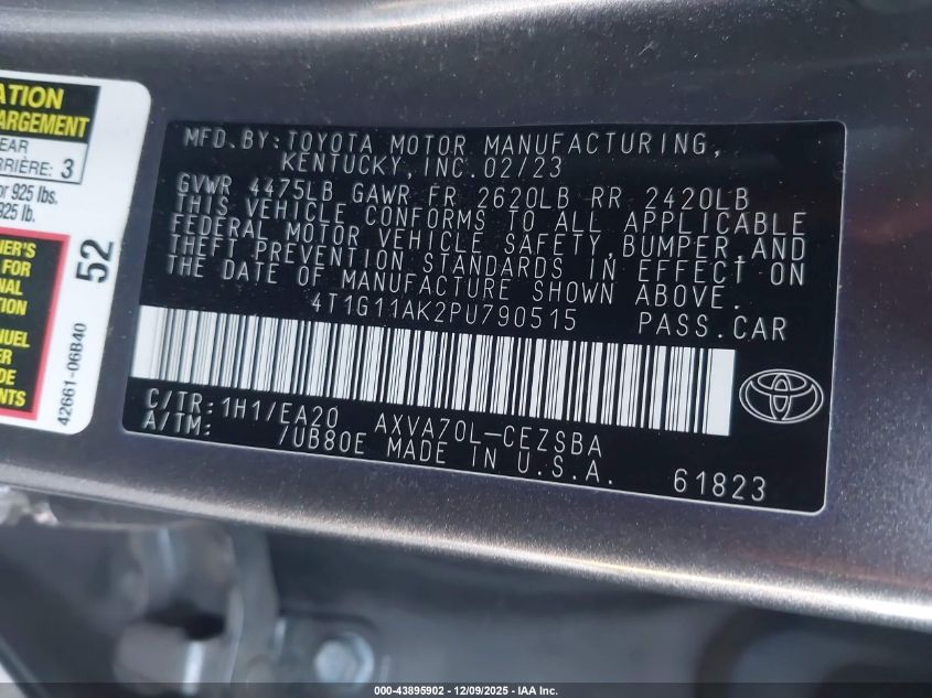 2023 Toyota Camry Se VIN: 4T1G11AK2PU790515 Lot: 43895902