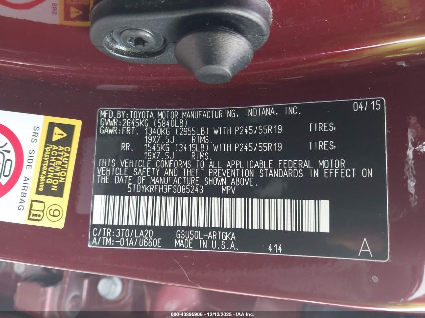 2015 Toyota Highlander Limited Platinum V6 VIN: 5TDYKRFH3FS085243 Lot: 43895906