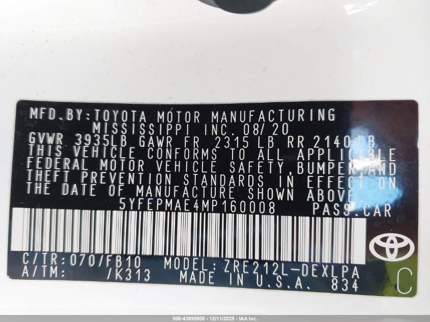 2021 Toyota Corolla Le VIN: 5YFEPMAE4MP160008 Lot: 43895908