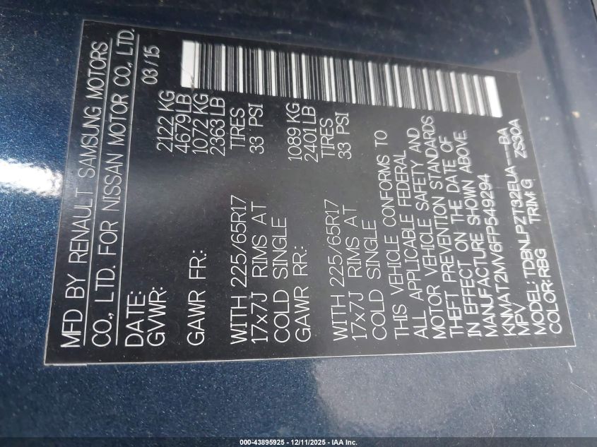 2015 Nissan Rogue S VIN: KNMAT2MV6FP549294 Lot: 43895925