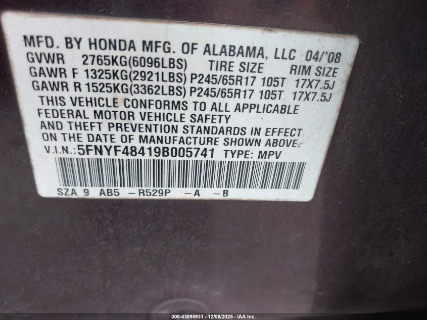 2009 Honda Pilot Ex VIN: 5FNYF48419B005741 Lot: 43895931