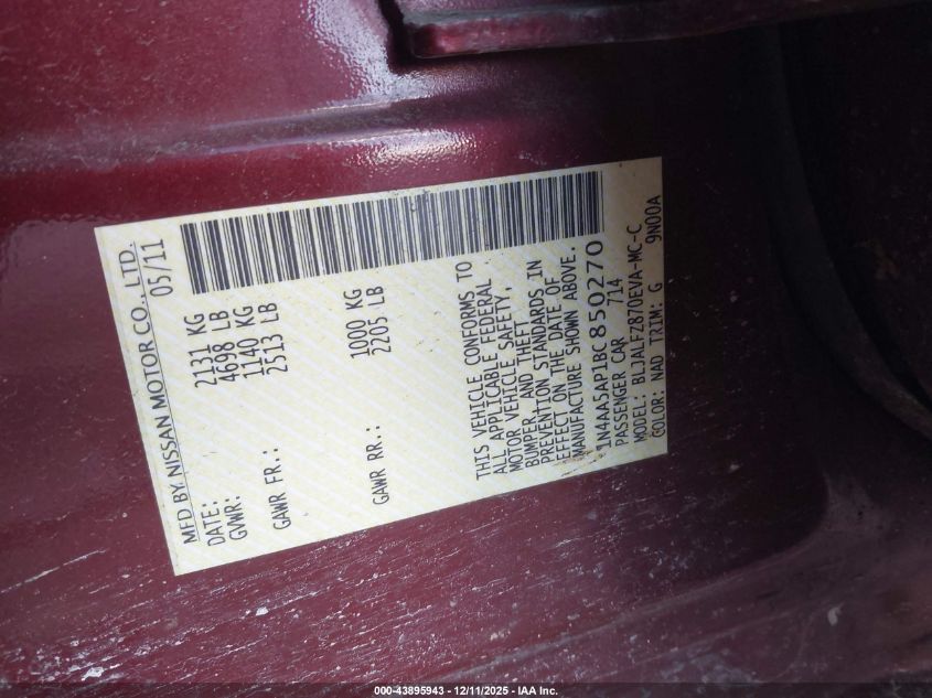 2011 Nissan Maxima 3.5 Sv VIN: 1N4AA5AP1BC850270 Lot: 43895943