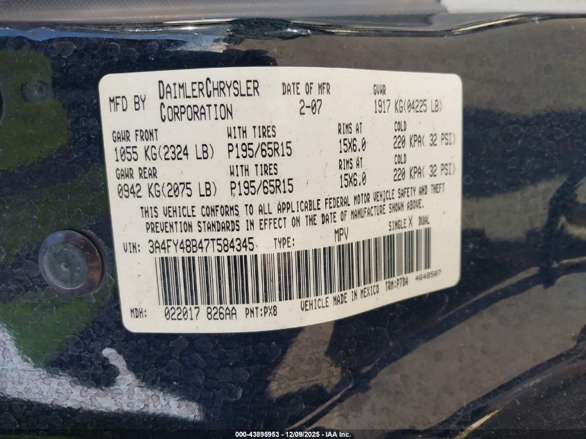 2007 Chrysler Pt Cruiser VIN: 3A4FY48B47T584345 Lot: 43895953