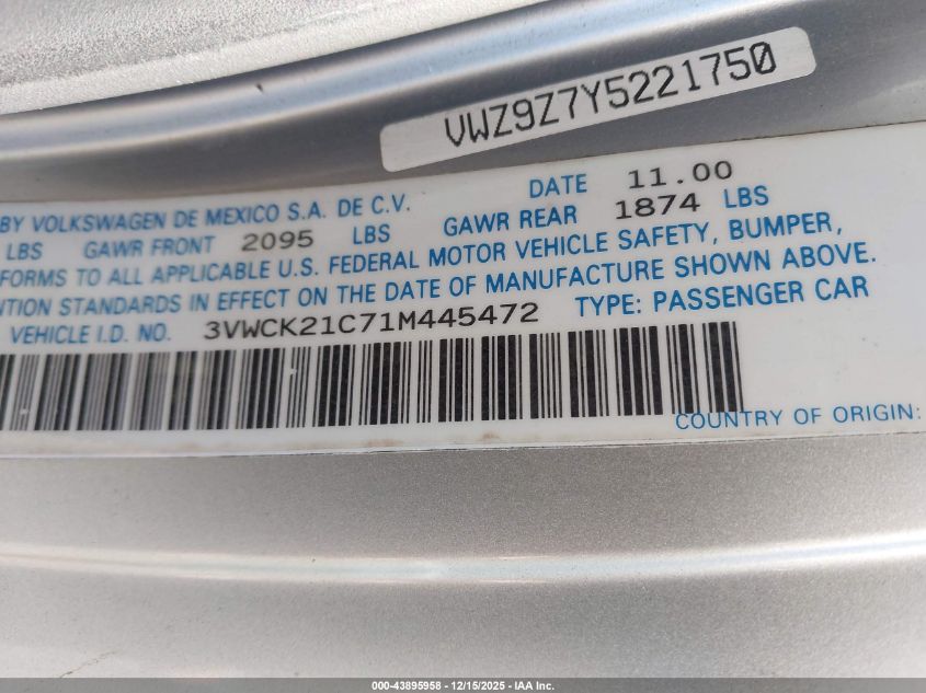 2001 Volkswagen New Beetle Gls VIN: 3VWCK21C71M445472 Lot: 43895958