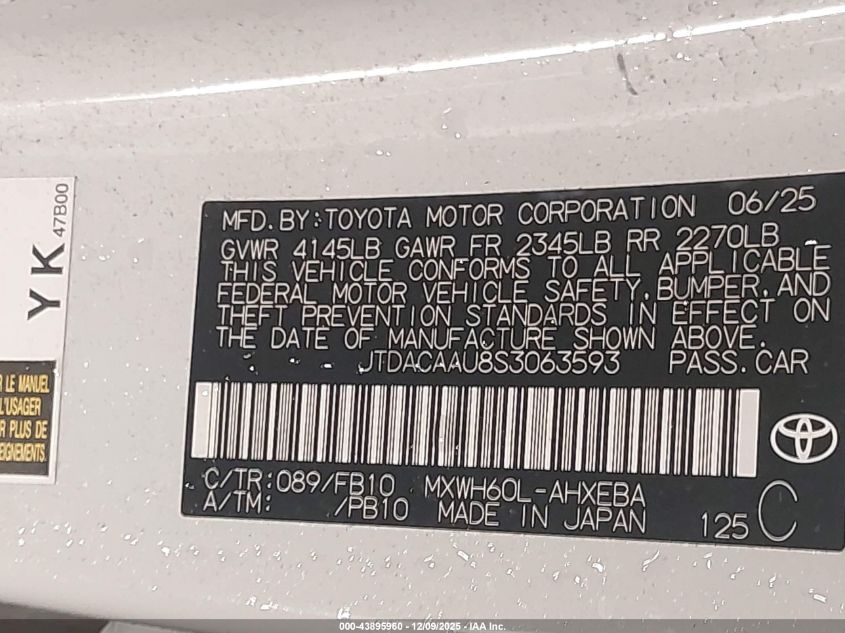 2025 Toyota Prius Le VIN: JTDACAAU8S3063593 Lot: 43895960