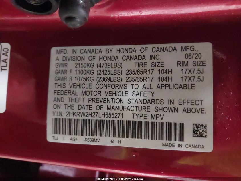 2020 Honda Cr-V Awd Lx VIN: 2HKRW2H27LH655271 Lot: 43895971
