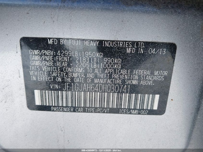 2013 Subaru Impreza 2.0I Limited VIN: JF1GJAH64DH030741 Lot: 43895973