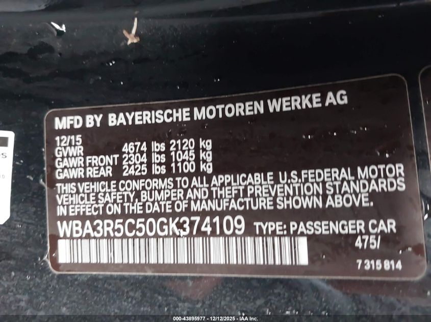 2016 BMW 435I xDrive VIN: WBA3R5C50GK374109 Lot: 43895977