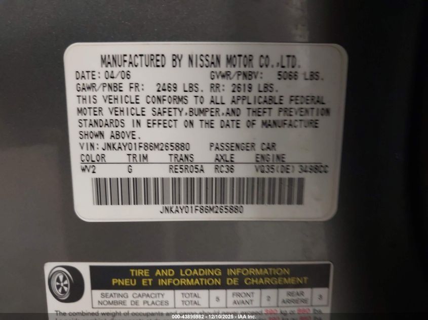 2006 Infiniti M35X VIN: JNKAY01F86M265880 Lot: 43895982