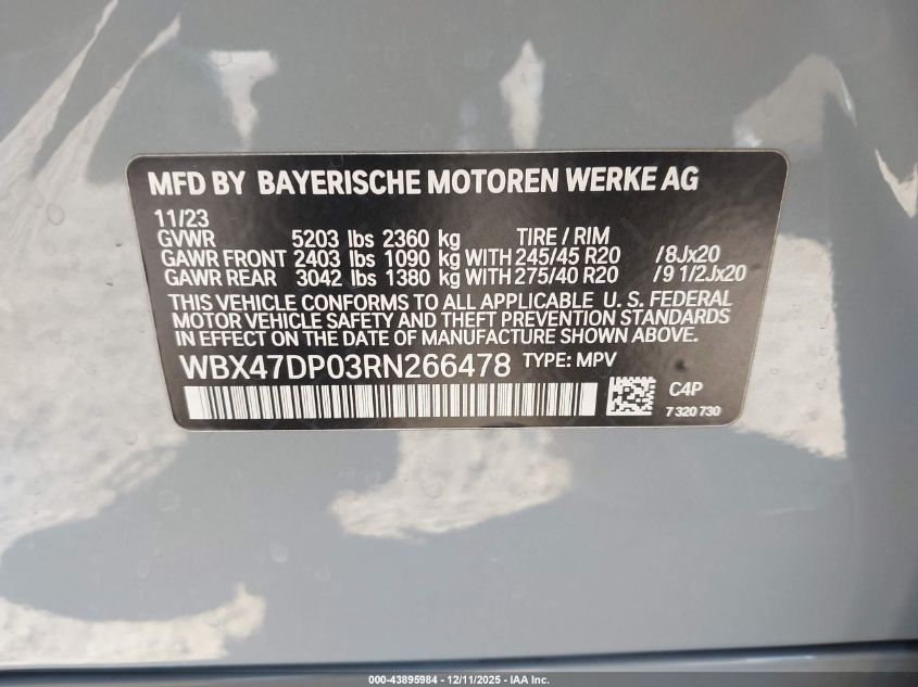2024 BMW X3 Sdrive30I VIN: WBX47DP03RN266478 Lot: 43895984
