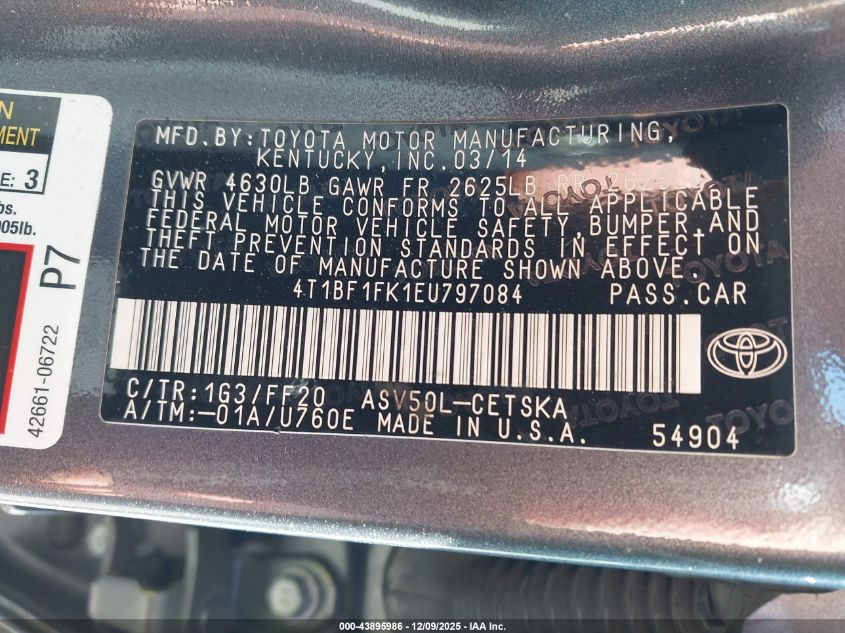2014 Toyota Camry Se VIN: 4T1BF1FK1EU797084 Lot: 43895986