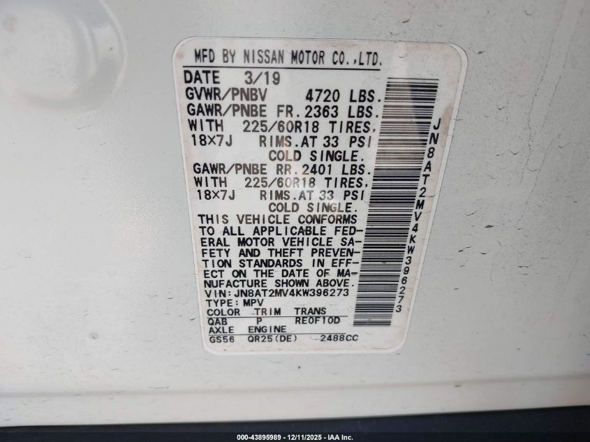 2019 Nissan Rogue Sv VIN: JN8AT2MV4KW396273 Lot: 43895989