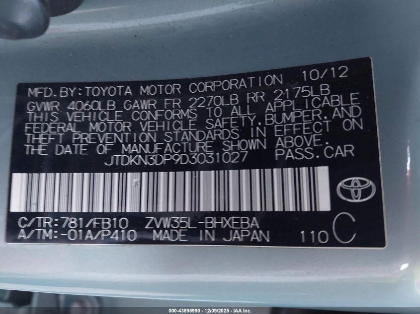 2013 Toyota Prius Plug-In VIN: JTDKN3DP9D3031027 Lot: 43895990