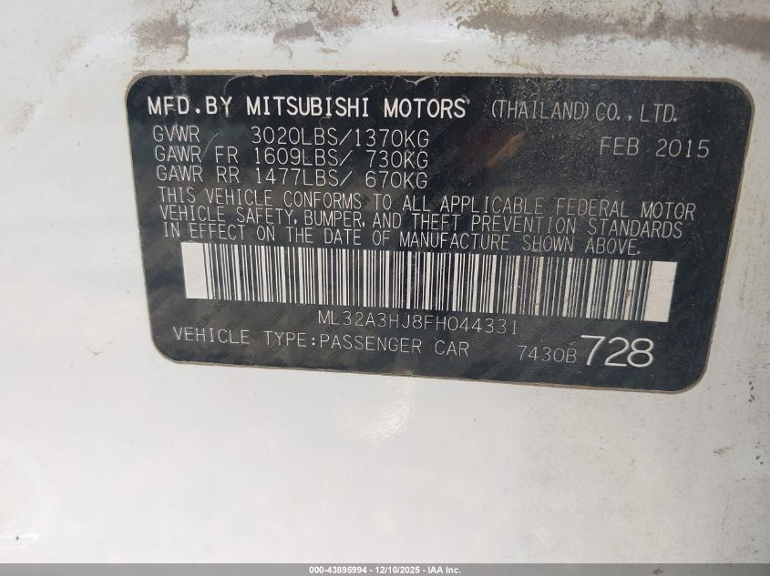 2015 Mitsubishi Mirage De VIN: ML32A3HJ8FH044331 Lot: 43895994