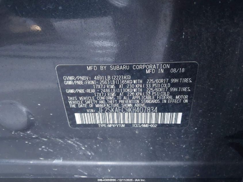 2019 Subaru Forester Premium VIN: JF2SKAEC9KH407834 Lot: 43895996