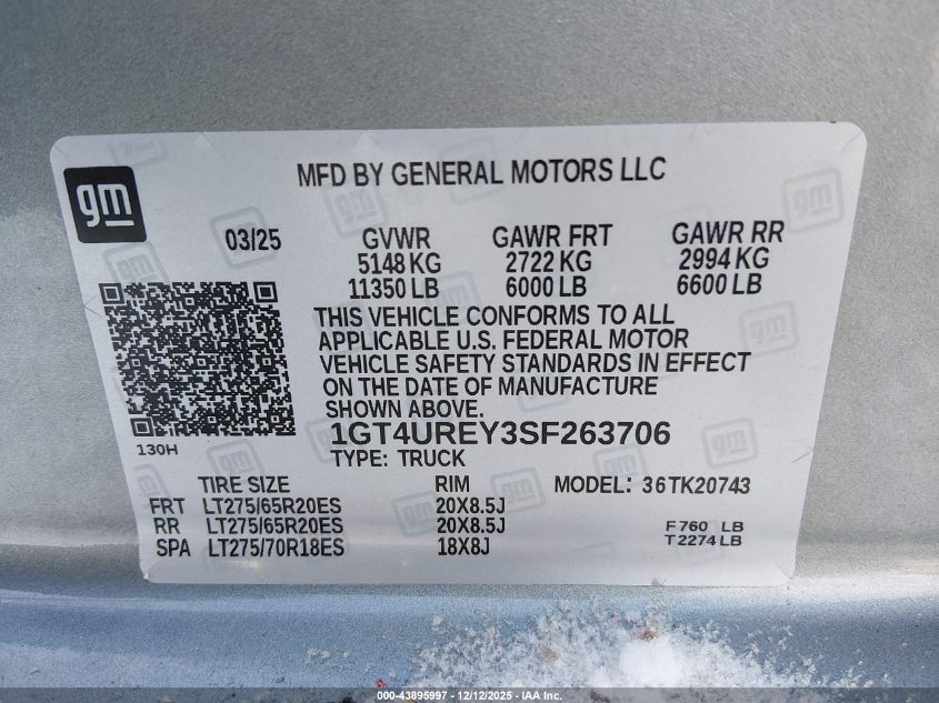 2025 GMC Sierra 2500Hd 4Wd Standard Bed Denali VIN: 1GT4UREY3SF263706 Lot: 43895997