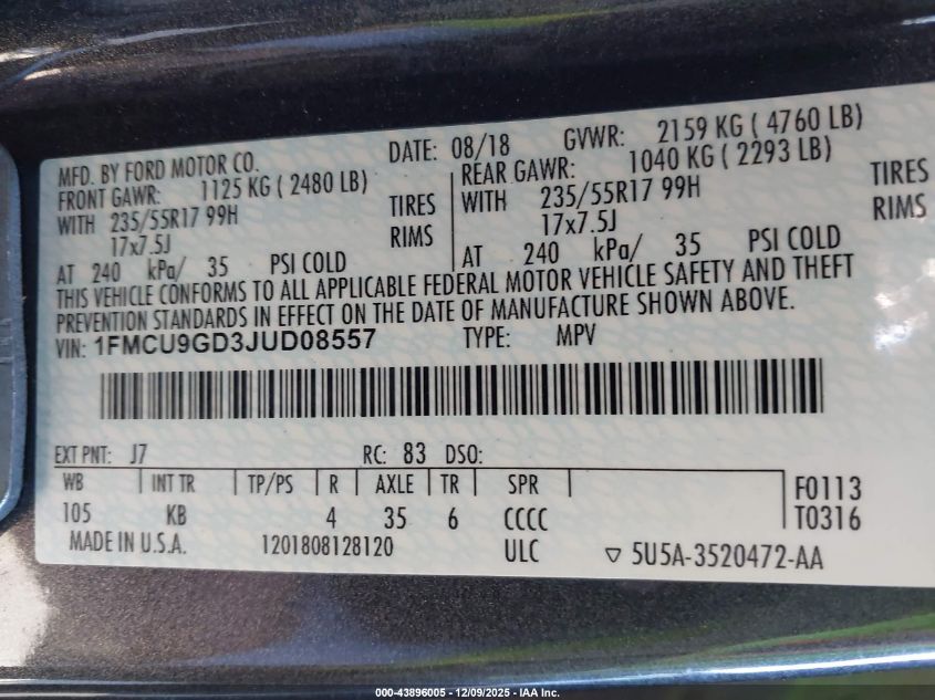 2018 Ford Escape Se VIN: 1FMCU9GD3JUD08557 Lot: 43896005