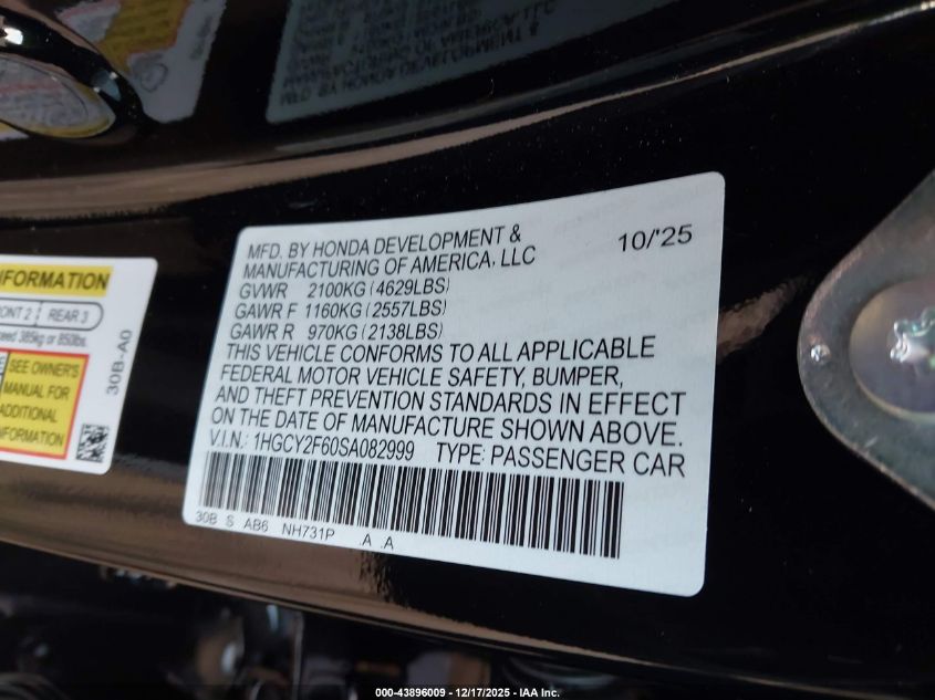 2025 Honda Accord Hybrid Ex-L VIN: 1HGCY2F60SA082999 Lot: 43896009