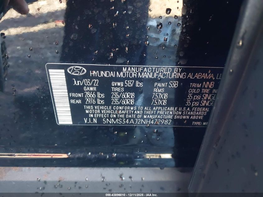 2022 Hyundai Santa Fe Sel VIN: 5NMS34AJ2NH472982 Lot: 43896010