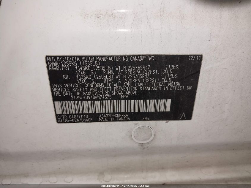 2011 Toyota Rav4 VIN: 2T3BF4DV4BW174575 Lot: 43896011