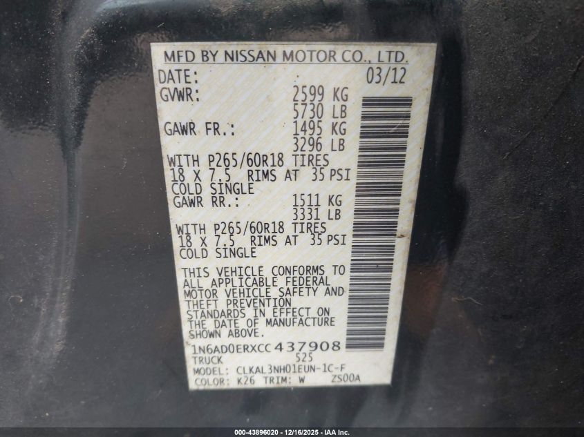 2012 Nissan Frontier Sl VIN: 1N6AD0ERXCC437908 Lot: 43896020