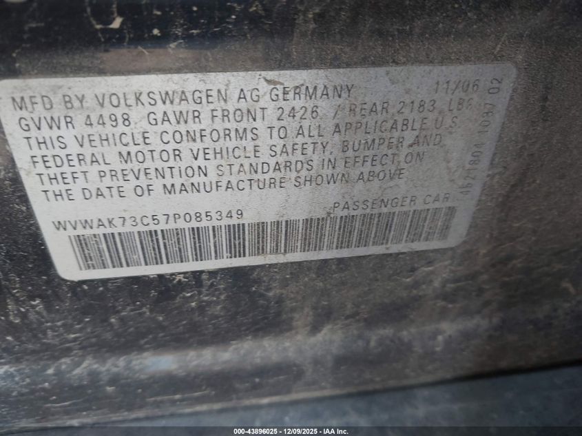2007 Volkswagen Passat 2.0T/Wolfsburg Edition VIN: WVWAK73C57P085349 Lot: 43896025