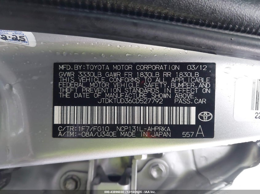 JTDKTUD36CD527792 2012 TOYOTA YARIS photo no. 9