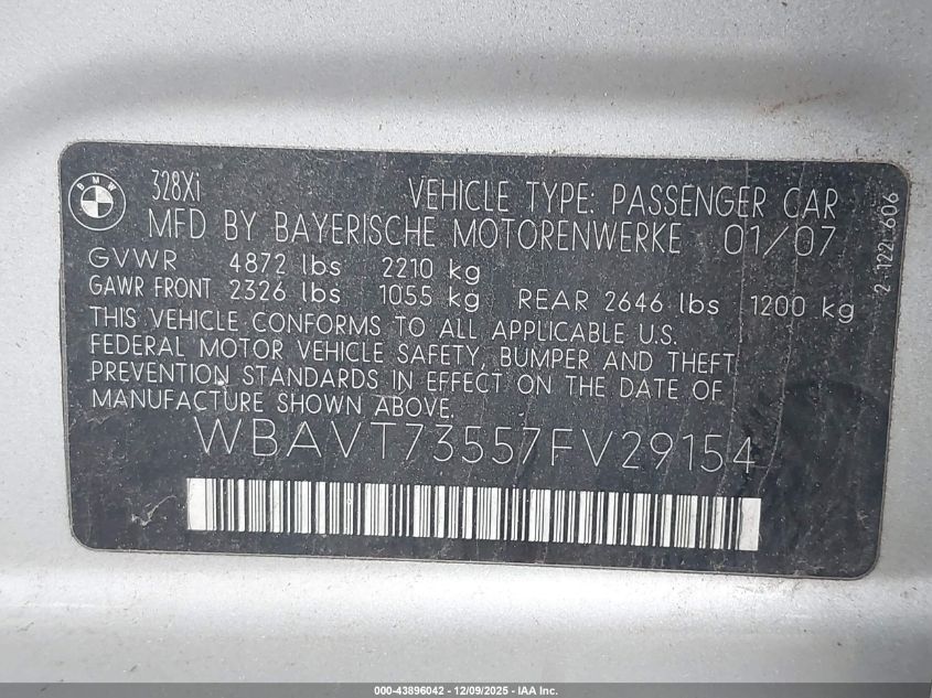 2007 BMW 328Xi VIN: WBAVT73557FV29154 Lot: 43896042
