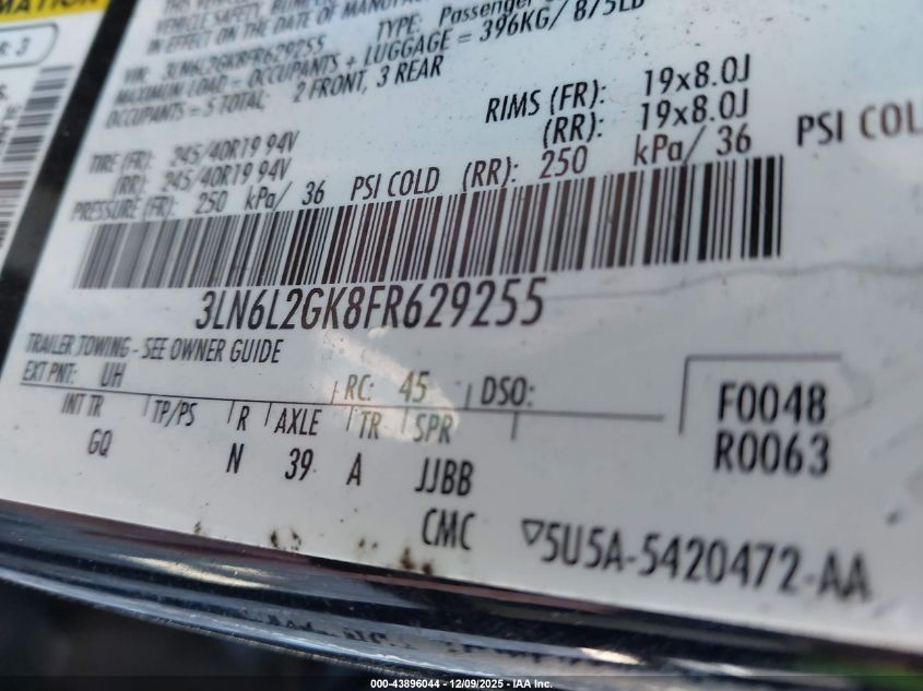 2015 Lincoln Mkz VIN: 3LN6L2GK8FR629255 Lot: 43896044