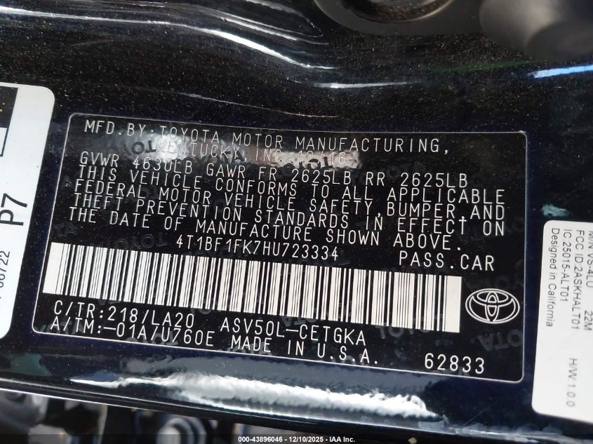 2017 Toyota Camry Xle VIN: 4T1BF1FK7HU723334 Lot: 43896046