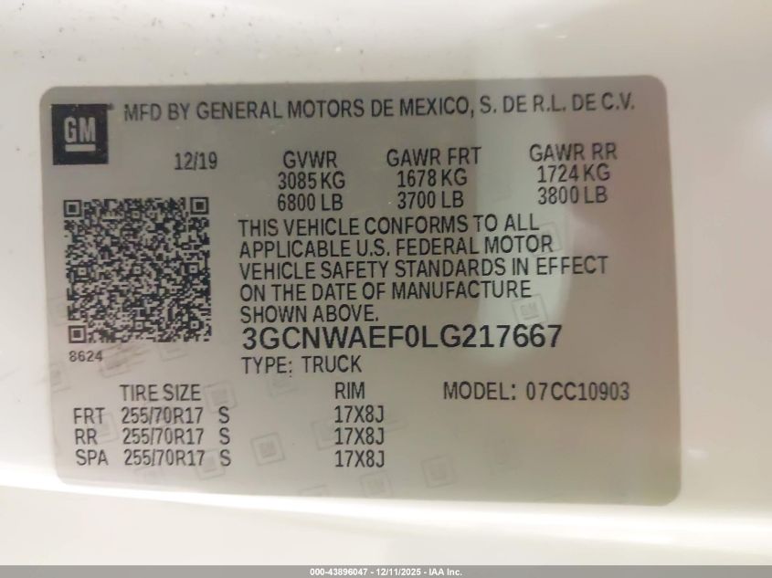2020 Chevrolet Silverado 1500 2Wd Long Bed Wt VIN: 3GCNWAEF0LG217667 Lot: 43896047