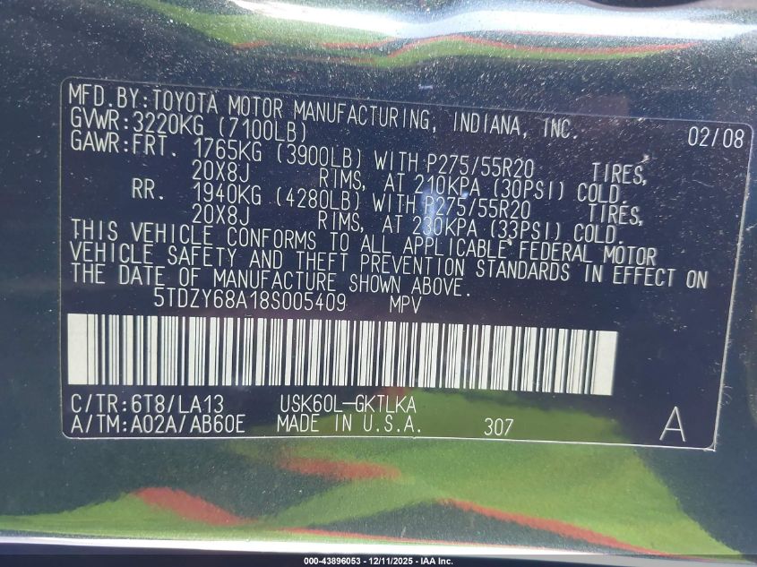 2008 Toyota Sequoia Limited 5.7L V8 VIN: 5TDZY68A18S005409 Lot: 43896053