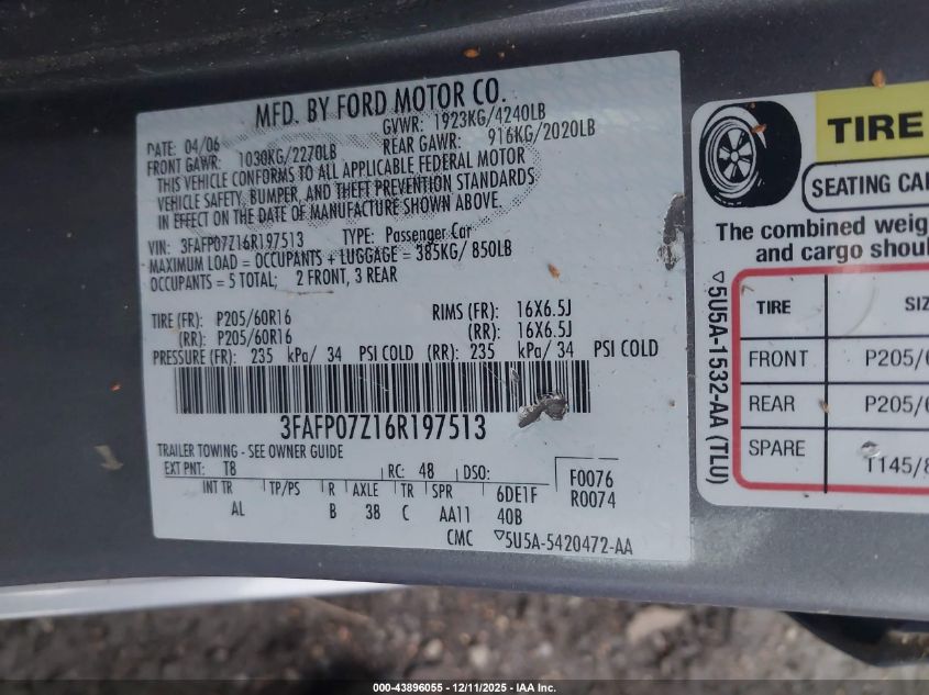 2006 Ford Fusion Se VIN: 3FAFP07Z16R197513 Lot: 43896055