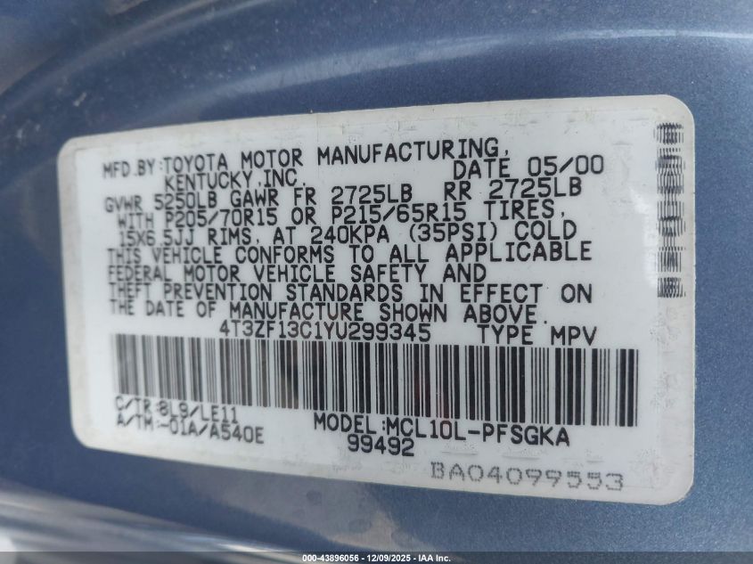 2000 Toyota Sienna Xle VIN: 4T3ZF13C1YU299345 Lot: 43896056