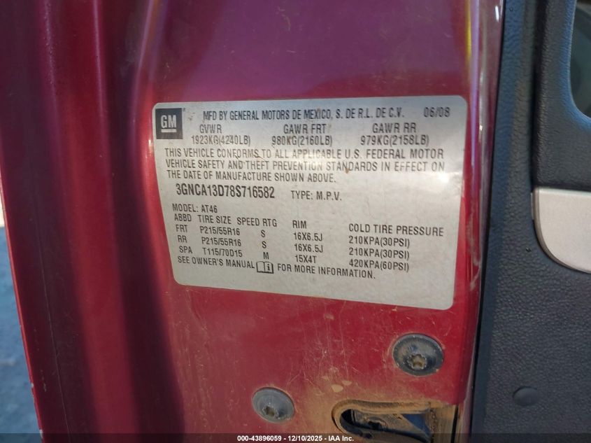 2008 Chevrolet Hhr Ls VIN: 3GNCA13D78S716582 Lot: 43896059