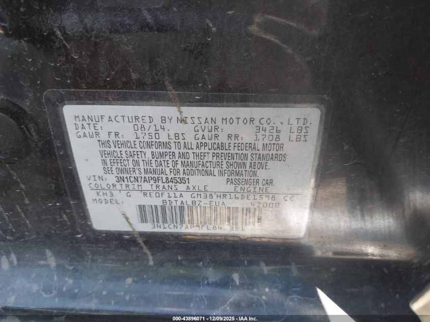 2015 Nissan Versa 1.6 Sv VIN: 3N1CN7AP9FL845351 Lot: 43896071