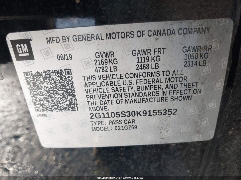 2019 Chevrolet Impala Premier VIN: 2G1105S30K9155352 Lot: 43896072