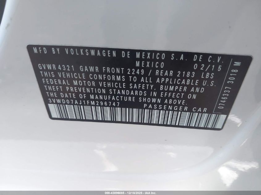 2015 Volkswagen Jetta 1.8T Se VIN: 3VWD07AJ1FM296747 Lot: 43896085