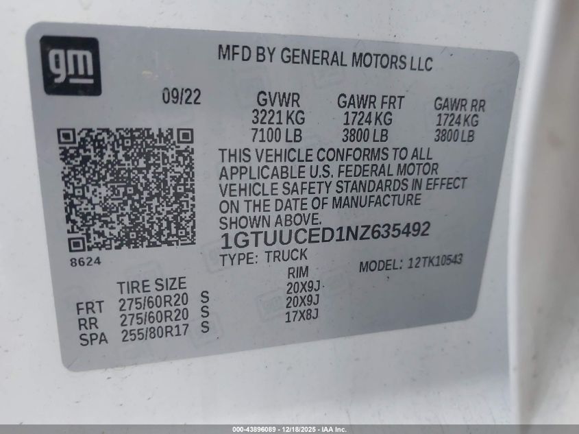 2022 GMC Sierra K1500 Elevation VIN: 1GTUUCED1NZ635492 Lot: 43896089