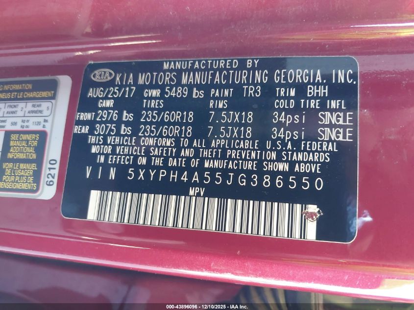 2018 Kia Sorento 3.3L Ex VIN: 5XYPH4A55JG386550 Lot: 43896096