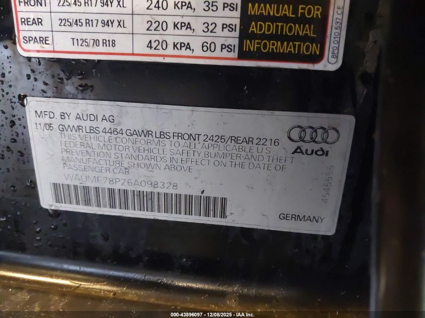 2006 Audi A3 2.0T VIN: WAUMF78P26A098328 Lot: 43896097