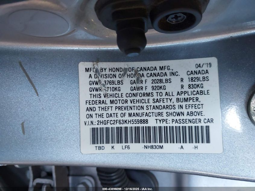 2019 Honda Civic Lx VIN: 2HGFC2F63KH559888 Lot: 43896098