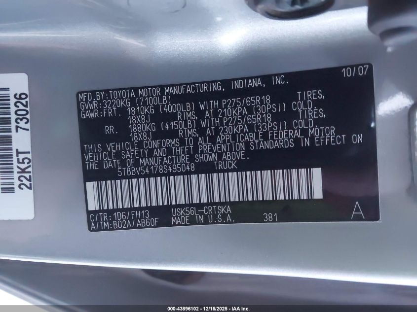 2008 Toyota Tundra Sr5 5.7L V8 VIN: 5TBBV54178S495048 Lot: 43896102