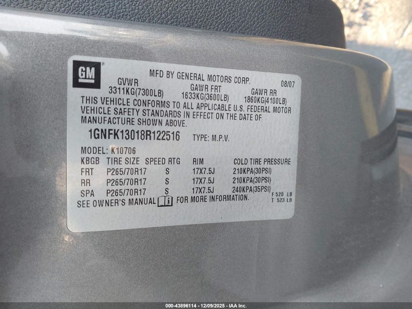 2008 Chevrolet Tahoe Lt VIN: 1GNFK13018R122516 Lot: 43896114