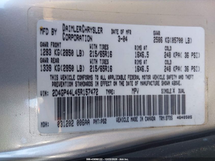 2005 Dodge Grand Caravan Sxt VIN: 2D4GP44L45R157472 Lot: 43896122