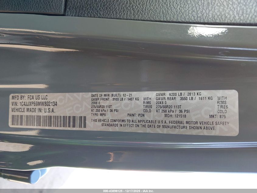 2021 Jeep Wrangler 4Xe Unlimited Sahara 4X4 VIN: 1C4JJXP69MW802134 Lot: 43896125