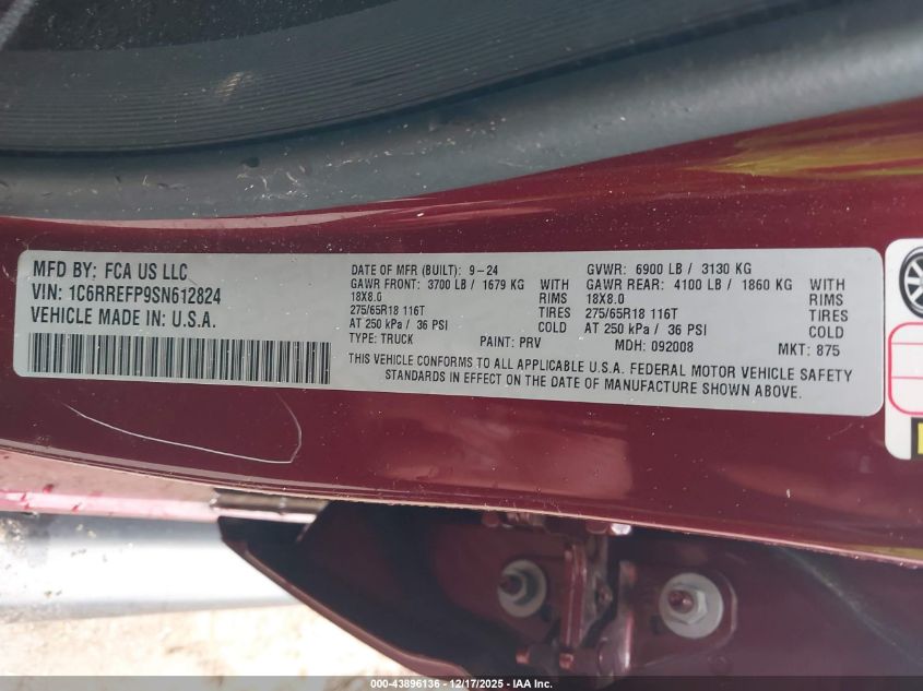 2025 Ram 1500 Lone Star 4X2 5'7 Box VIN: 1C6RREFP9SN612824 Lot: 43896136