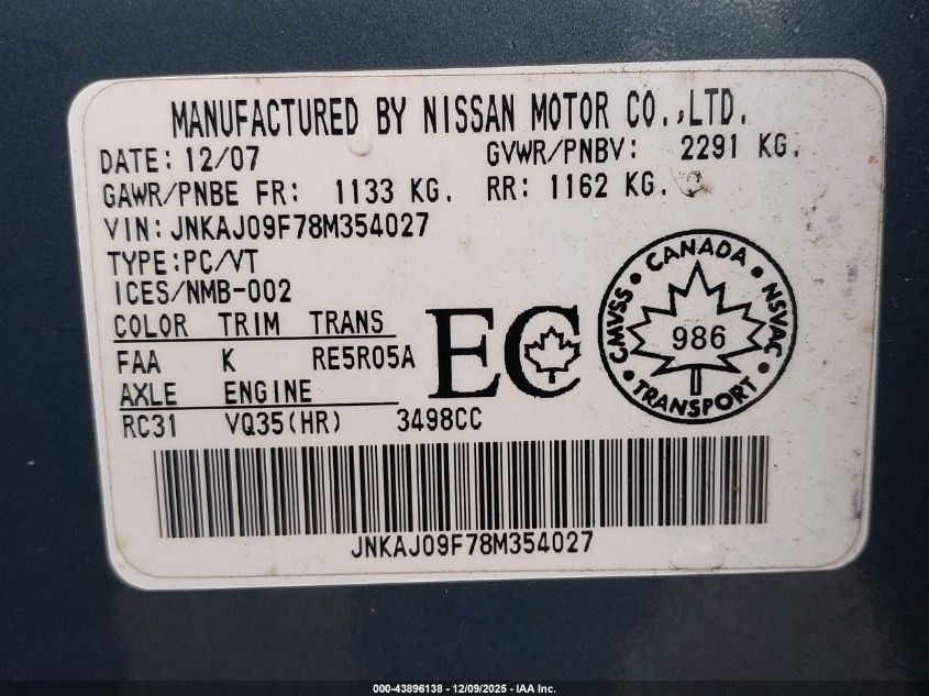 2008 Infiniti Ex35 Journey VIN: JNKAJ09F78M354027 Lot: 43896138